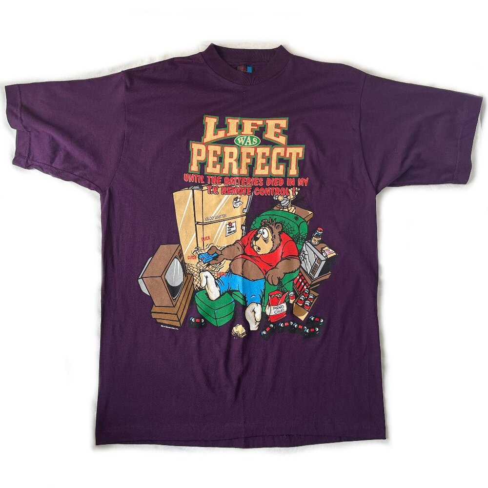Cintage Sun Sportswear Couch Potato Bear Funny T Shirt Size Large Purple Cotton